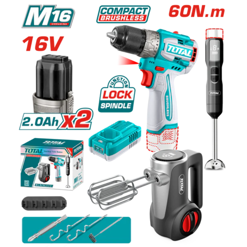 طقم شنيور 60 نيوتن Brushless + هاند بلندر + ميكسر بطارية 16 فولت + 2 بطارية و شاحن - TCKLI1638