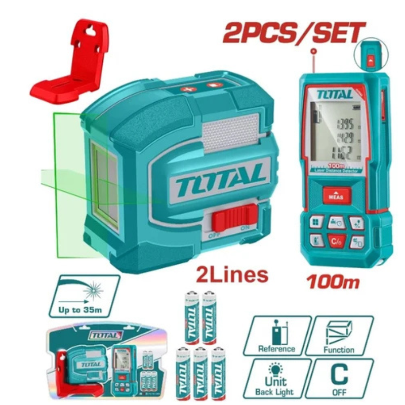 طقم قياس ليزر كومبو 2 قطعه ( متر ليزر 100 متر + ميزان ليزر 2 خط اخضر ) - TOSLL0502