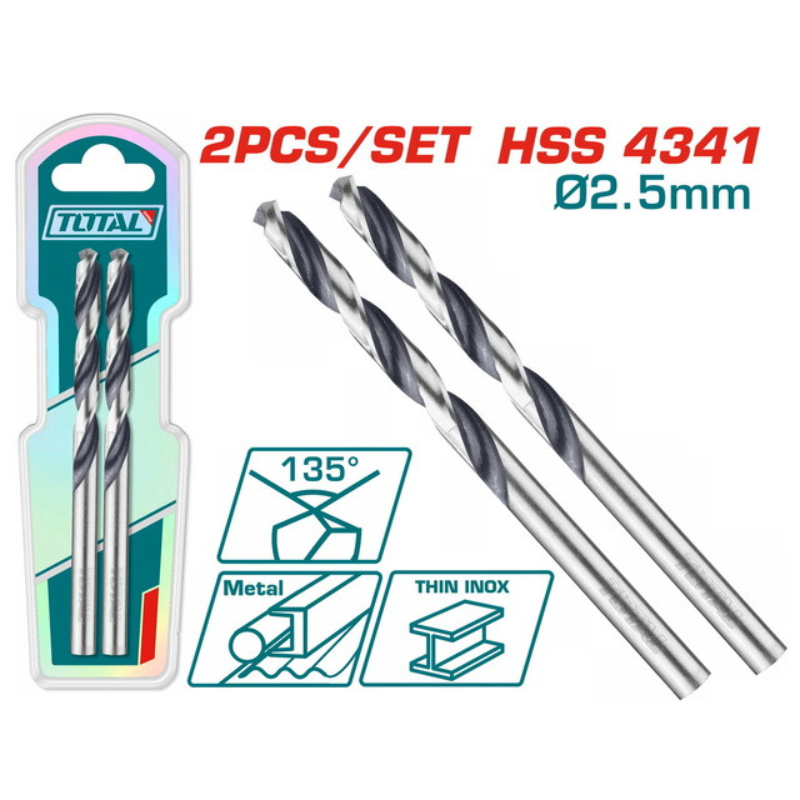 طقم بنط حفر معادن HSS 4341 مقاس 2.5 مم 2 قطعة 135° – TOTAL TAC1200254