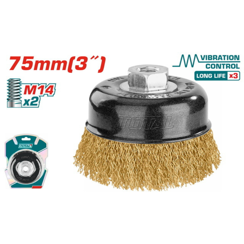 فرشاة سلك كوب مموجة 3 بوصة 75 مم M14 لإزالة الصدأ والدهان – TOTAL TAC31035