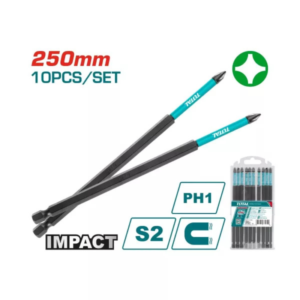 طقم لقم مفك Impact PH1 طول 250 مم 10 قطع S2 مغناطيسية – TOTAL TACIM16PH1103
