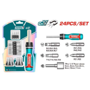 طقم مفك راشت 24 قطعة Cr-V – لقم مفك وسوكيت 1/4 بوصة – TOTAL TACSD30246