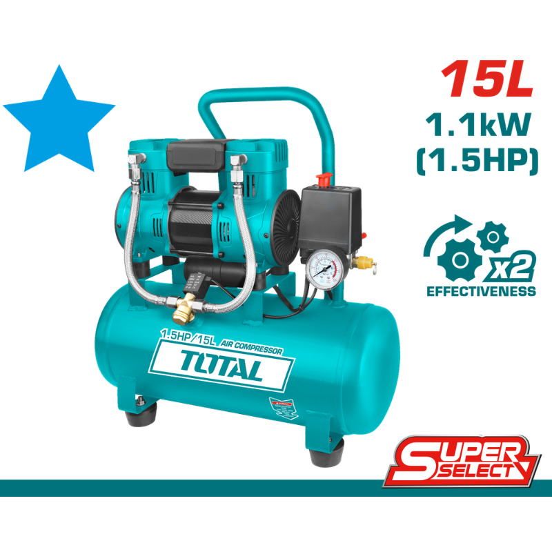 كمبروسر هواء صامت بدون زيت 15 لتر 1.5 حصان 8 بار – TOTAL TCS1110152