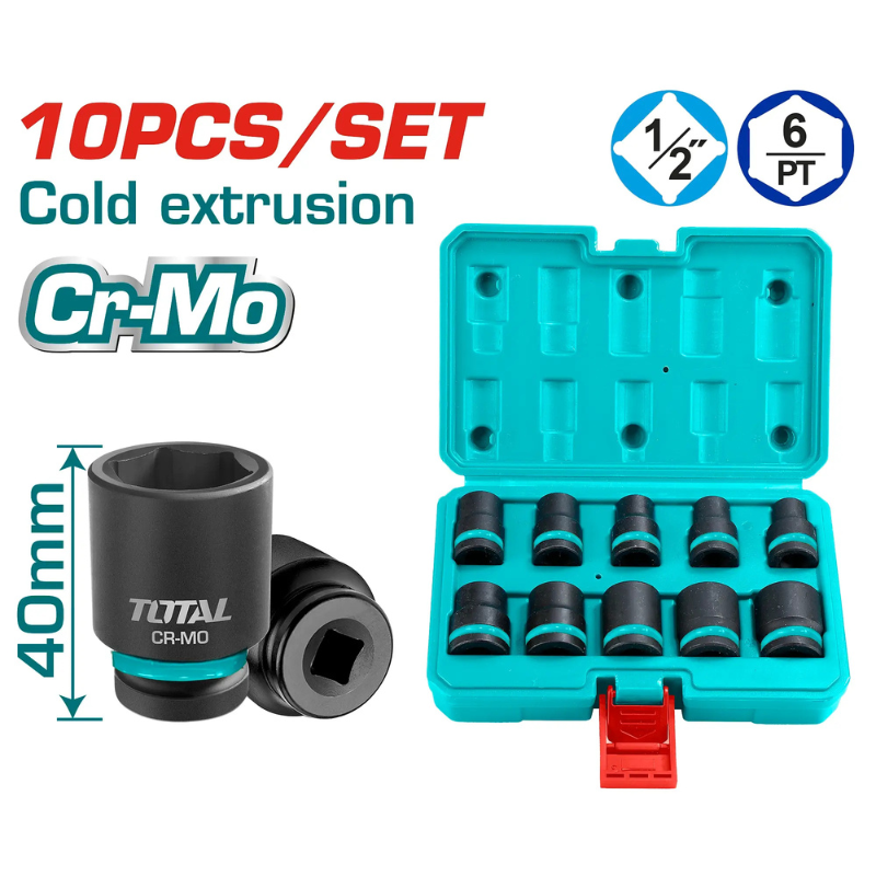 طقم لقم سوكيت Impact مقاس 1/2 بوصة 10 قطع Cr-Mo من 10 إلى 24 مم – TOTAL THISTD12101