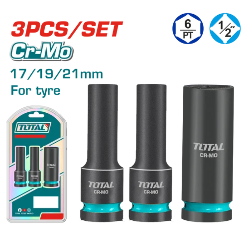 طقم لقم سوكيت Impact طويلة 1/2 بوصة 3 قطع 17–19–21 مم Cr-Mo – TOTAL THKISD12042L