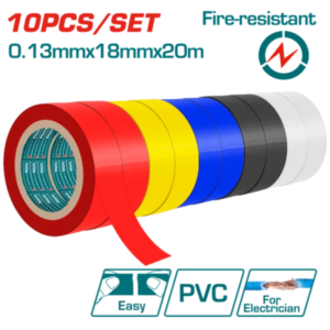 شريط عزل كهربائي PVC مقاوم للحريق 18 مم × 20 متر – 10 قطع ألوان متعددة – TOTAL THPET1013