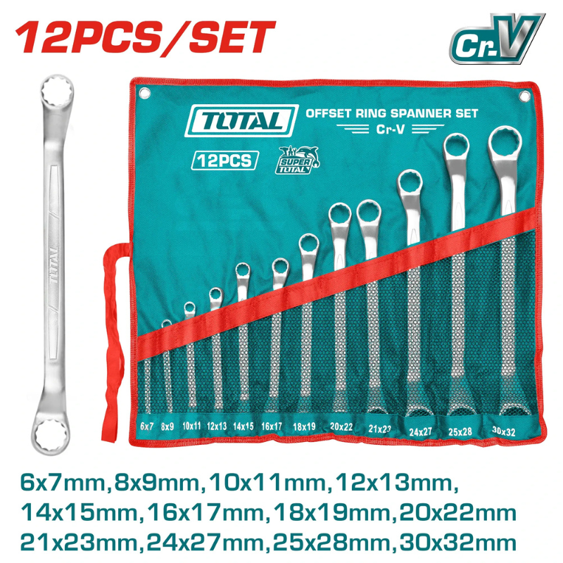 طقم مفتاح مشرشر ناحيتين 12 قطعة من 6 إلى 32 مم – Cr-V بحقيبة قماش – TOTAL THT1024121