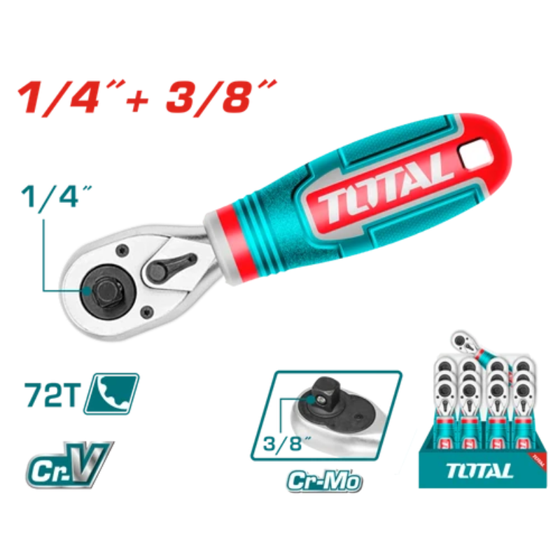 يد راتشة قصيرة 2 في 1 – 1/4 و3/8 بوصة – 72 سن – 140 مم – TOTAL THT1061438
