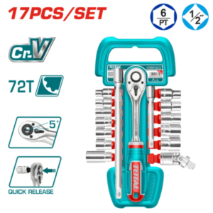 طقم لقم سيستم 1/2 بوصة 17 قطعة – راتشة 45 سن – من 10 إلى 24 مم – Cr-V – TOTAL THT121171