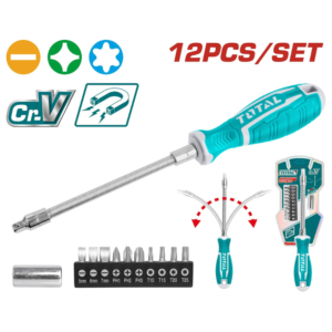 طقم مفك مرن 12 قطعة بسنون قابلة للتبديل Cr-V – لقم SL وPH وTorx – TOTAL THT250FL1206