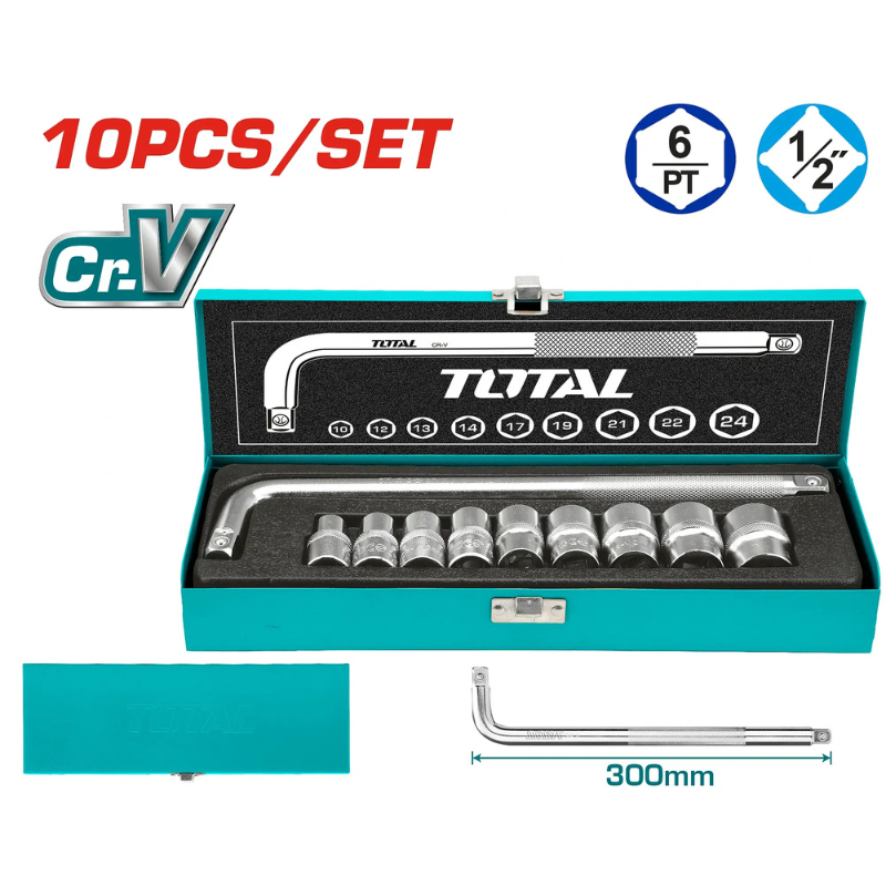 طقم لقم سيستم 1/2 بوصة 10 قطع – من 10 إلى 24 مم – Cr-V بصندوق صاج – TOTAL THTL121101