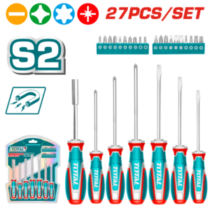 طقم مفكات 27 قطعة S2 مغناطيسية – مفكات و20 لقمة SL/PH/PZ/Torx/Hex – TOTAL TKSDS2726