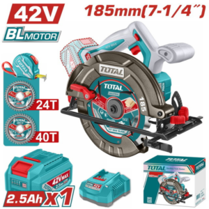 منشار دائري لاسلكي 42 فولت Brushless بشفرة 185 مم + بطارية 2.5 أمبير وشاحن – TOTAL TSLI4218511